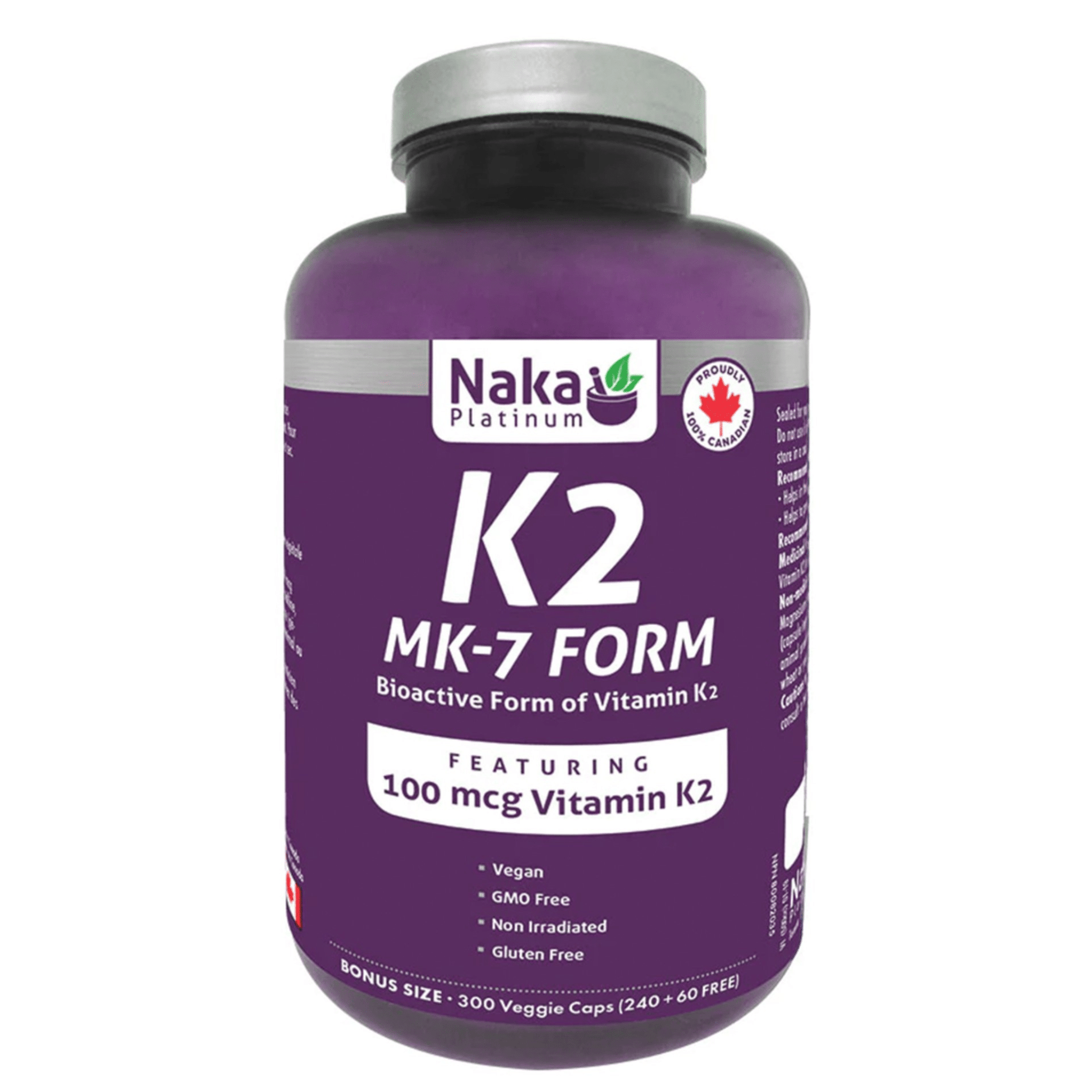 Naka Platinum Vitamin K2 Mk-7 100mcg 300 Vegan Capsules - Promotes Bone Health and Strength, Supports Heart Health, Reduces the Risk of Fractures, A Powerful Antioxidant