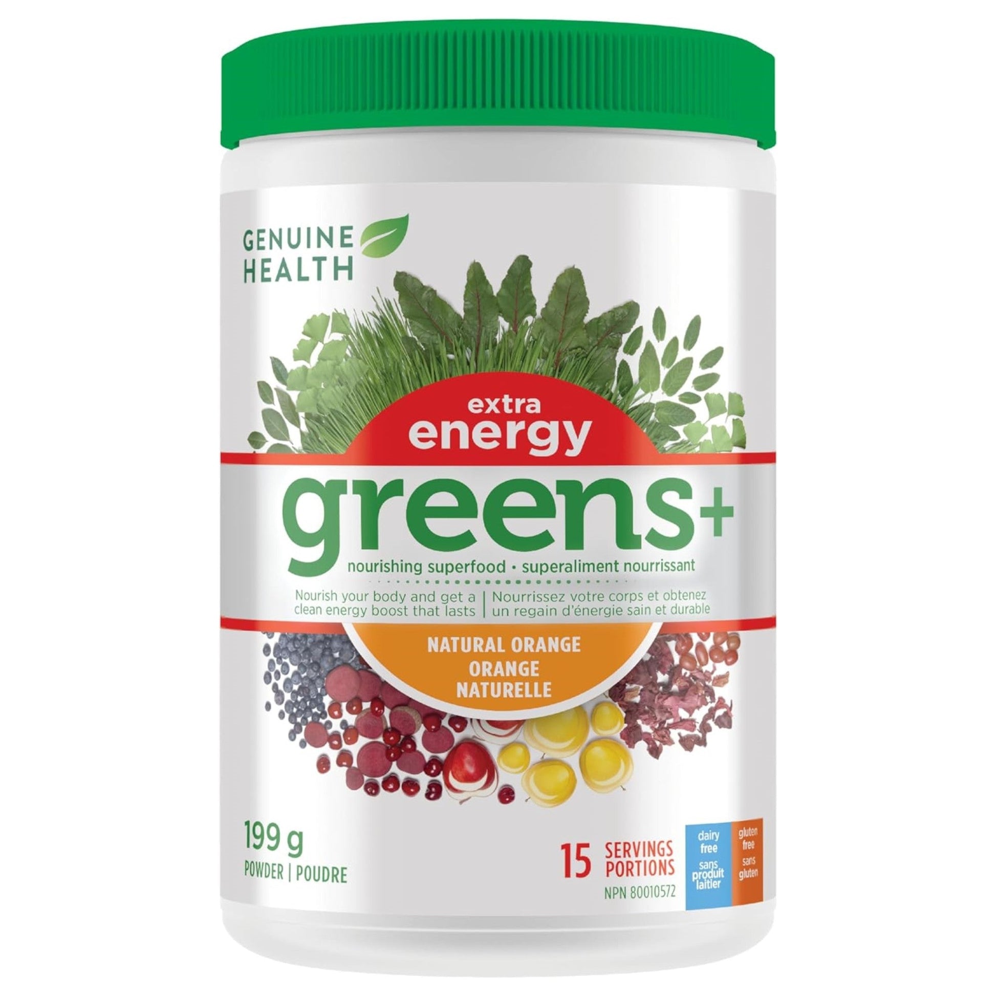 Genuine Health Greens + Extra Energy Orange 199g - Improves Energy and Focus Naturally, Supports Cognitive and Motor Performance, Promotes Wakefulness and Alertness