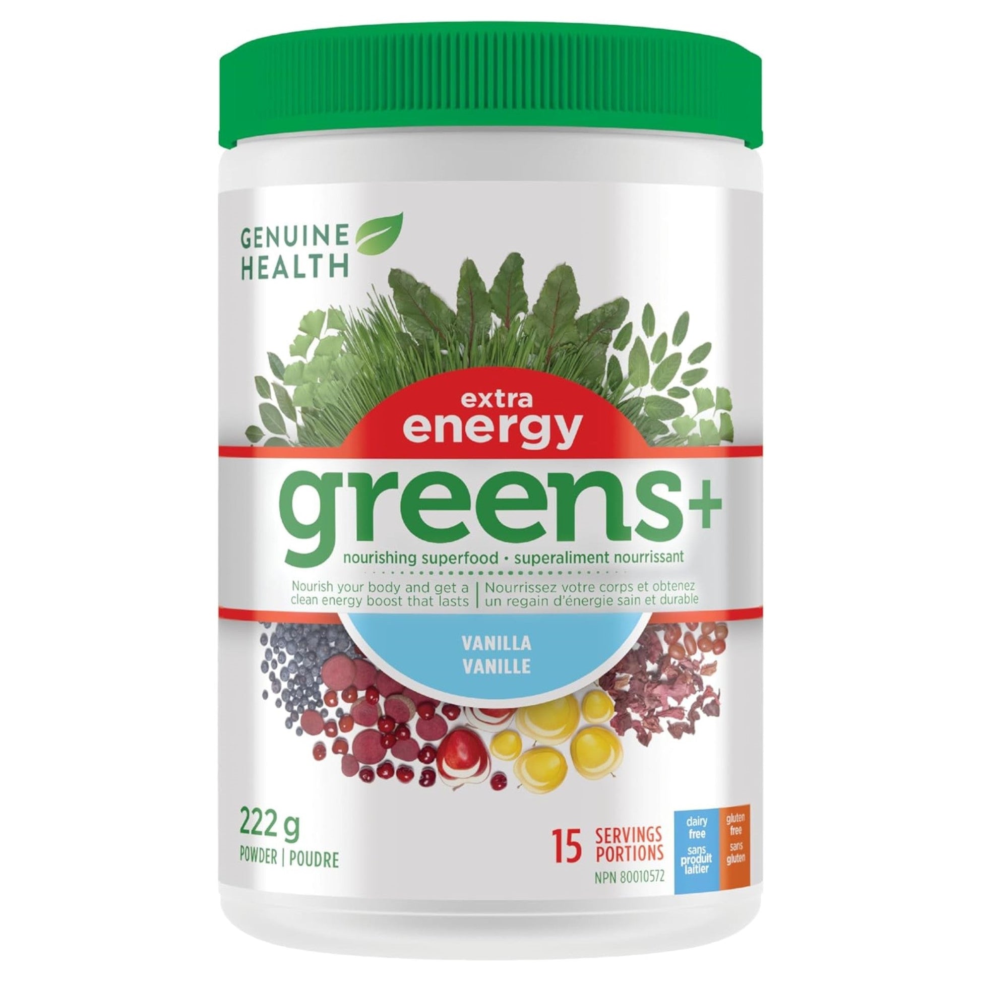 Genuine Health Greens + Extra Energy Vanilla 222g - Improve Overall Well-Being, Promote Alertness, Wakefulness, Cognitive & Physical Performance, Support Stronger Gut Health and Immunity