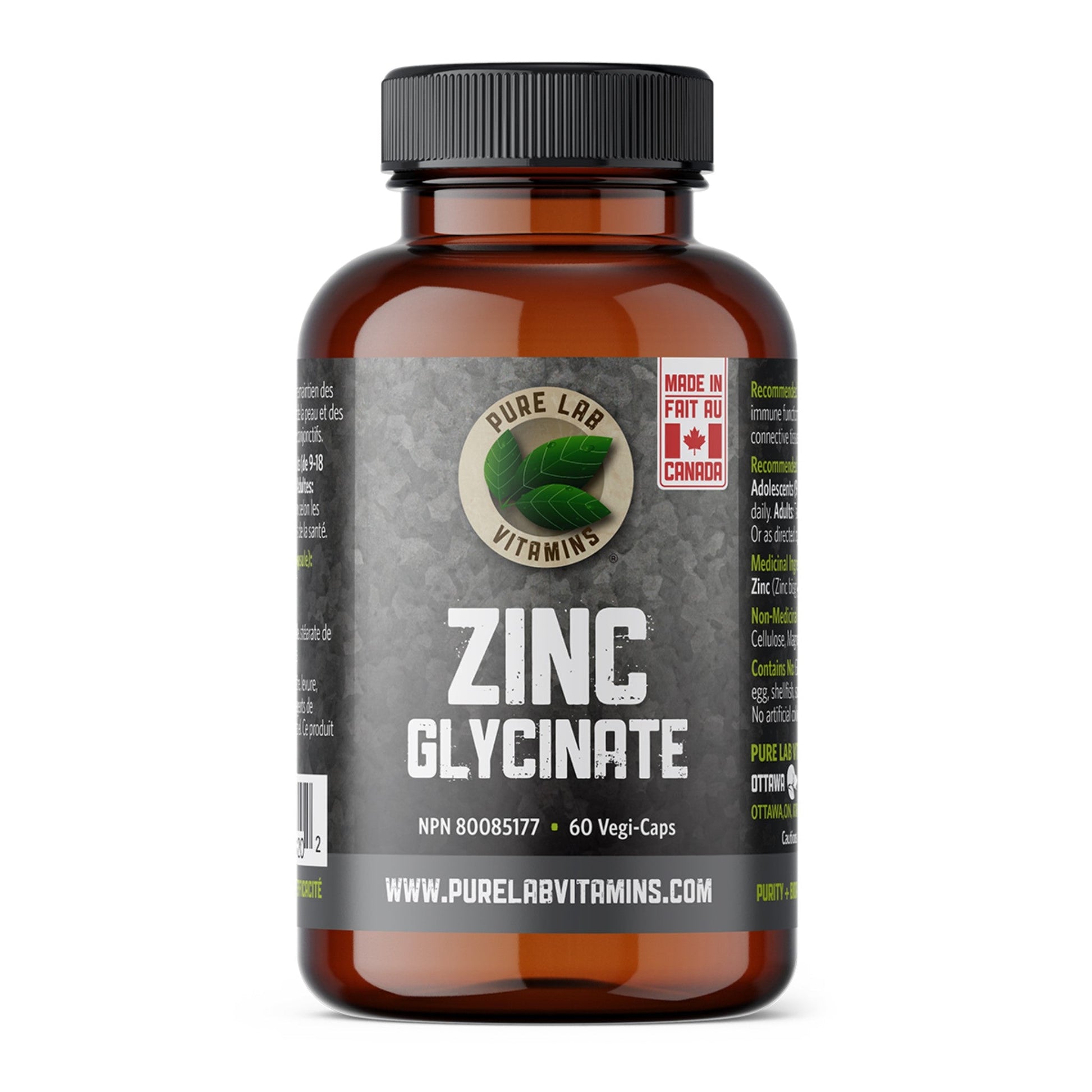 PURE LAB Zinc Glycinate 23mg 60 Vegan Capsules - Nourish Hair, Skin, and Nails, Boost Immune System, Maintain a Healthy Metabolism, Supports Cardiovascular Function, Promotes Bone Health