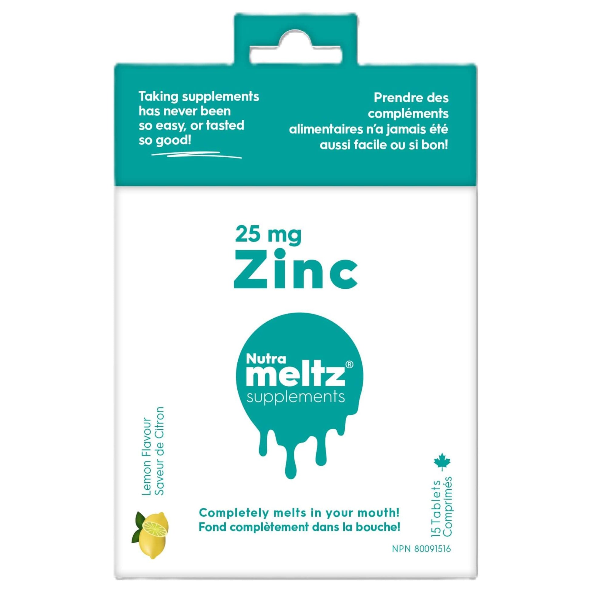 Nutrameltz Zinc 25mg 15 Tablets - Improves Focus, Support Muscle Function, Boosts Energy And Metabolism, Helps In Red Blood Cell Formation, Mouthwatering Lemon Flavor