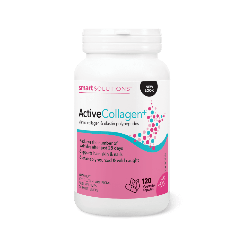 Smart Solutions Active Collagen, 120 Vegan Capsules - Marine Collagen & Elastin Polypeptides, Reduces Wrinkles, Supports Skin, Hair & Nails - Nature's Source Inc