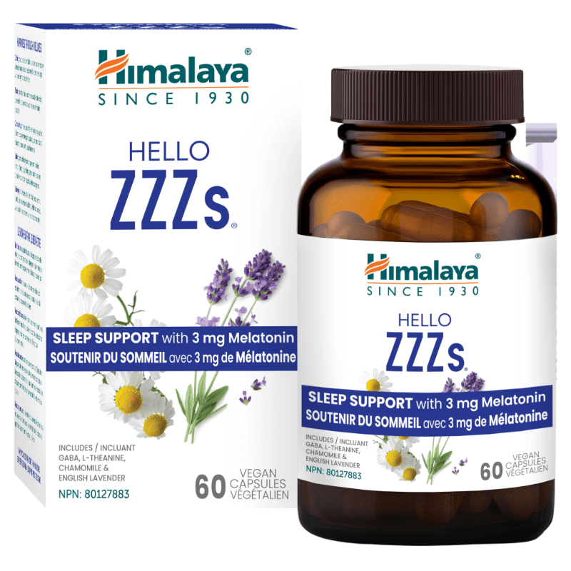 Himalaya Hello ZZZ's Sleep Support 3g Melatonin 60 Vegan Capsules - Support Gentle And Relaxing Sleep, Relieve Stress, Contains Amino Acid, Flower And Leaf Extracts For Maximum Efficacy, Most Well-Rounded Melatonin And GABA Supplements
