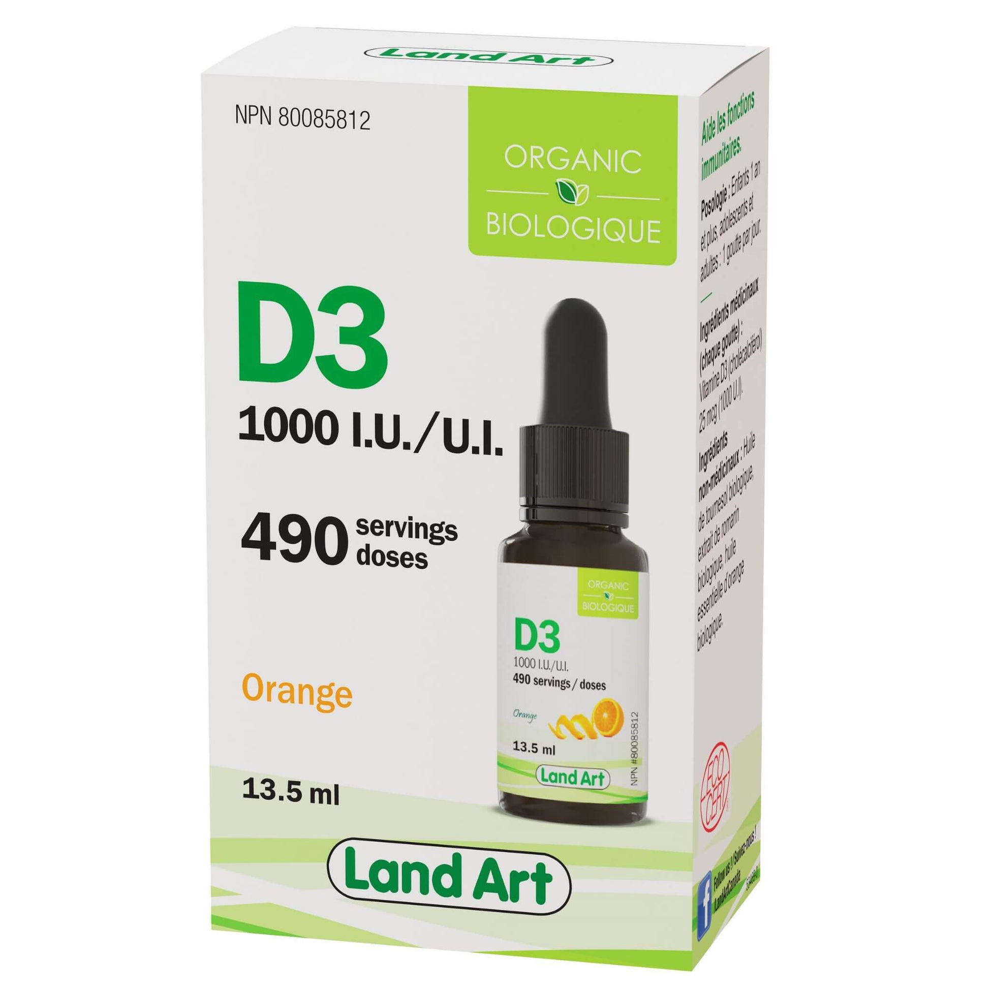 Land Art Organic Vitamin D3 1000IU Orange 13.5ml