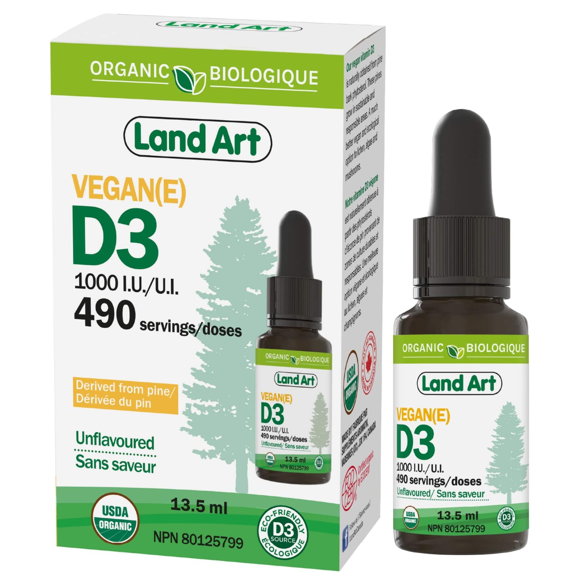 Land Art Organic Vegan Vitamin D3 1000IU 13.5ml