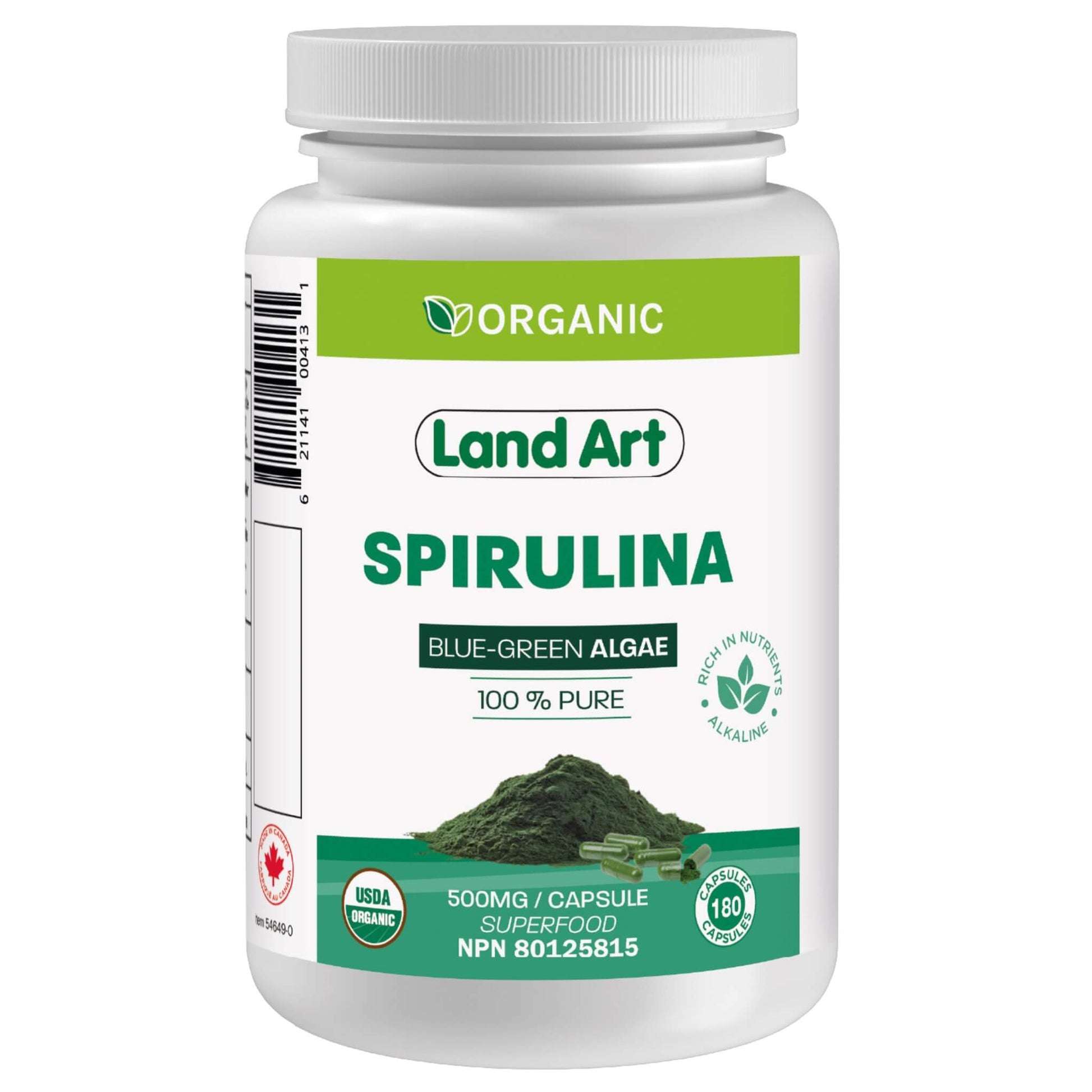 Land Art Organic Spirulina Extra c 500mg 180 Capsules