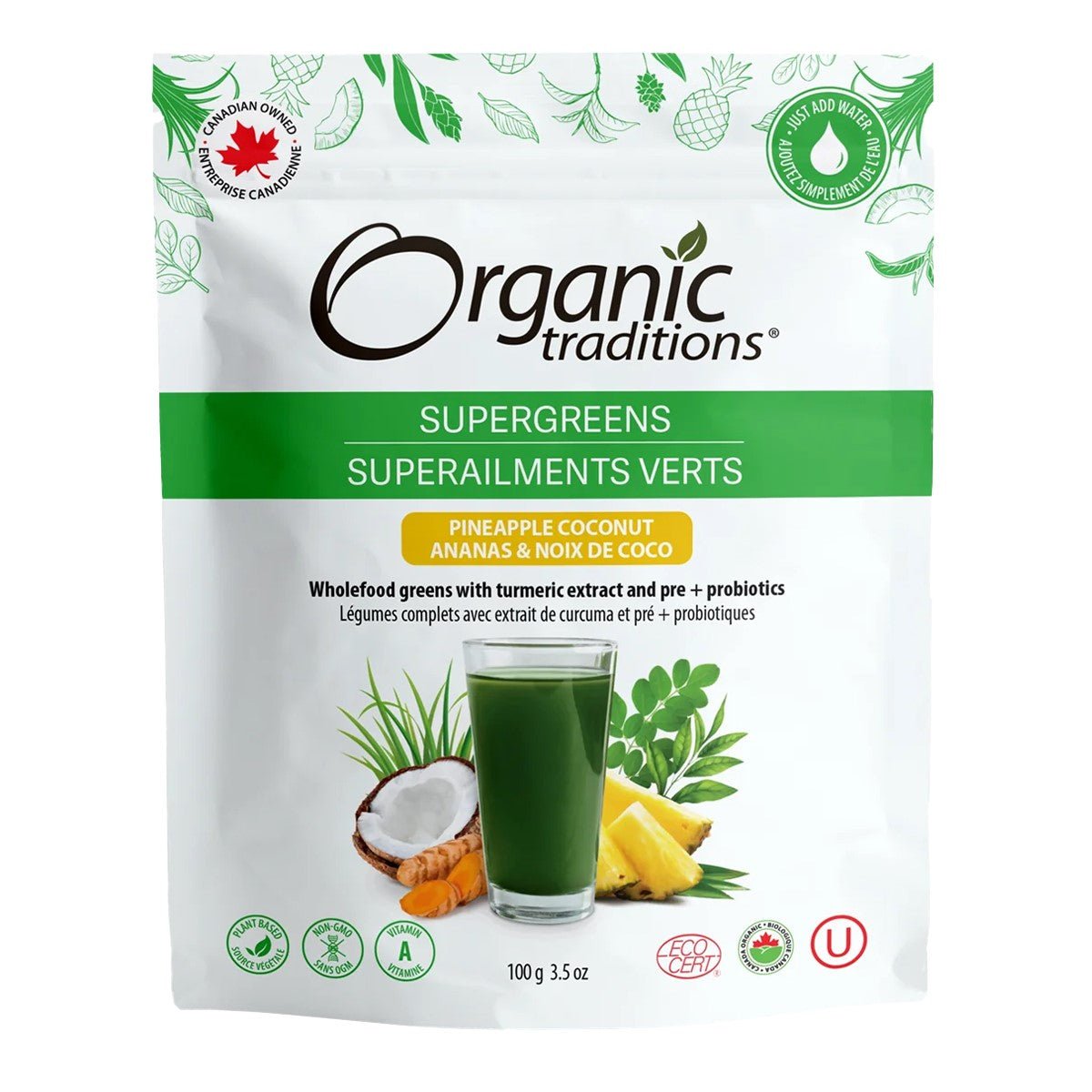 Organic Traditions Supergreens Pineapple Coconut 100g - Promotes Healthy Digestion and Gut Health, Aids Body Detoxification, Good Source of Vitamin and Iron