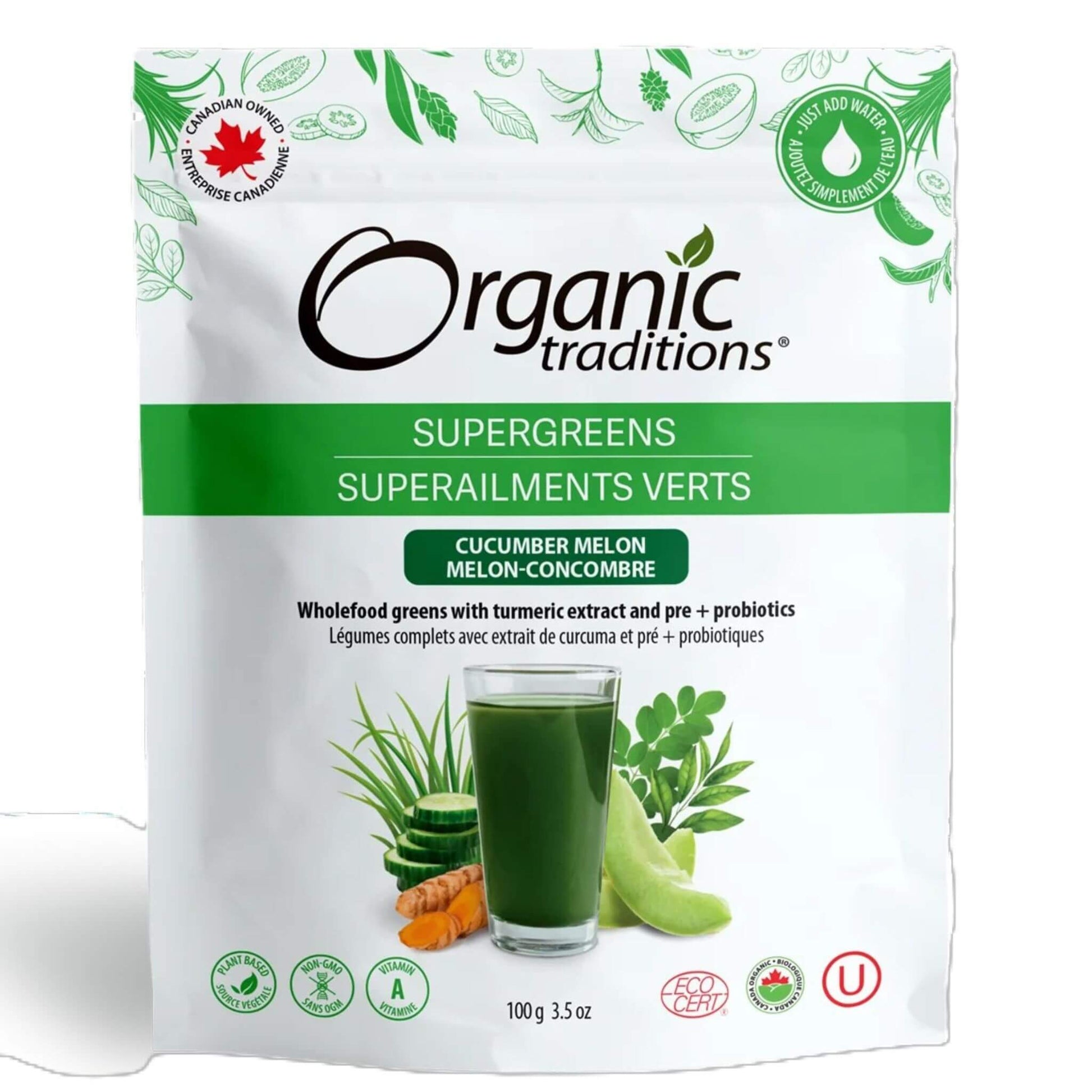 Organic Traditions Supergreens Cucumber Melon 100g - Promotes Healthy Digestion and Gut Health, Aids in Body Detoxification, Rich in Antioxidants