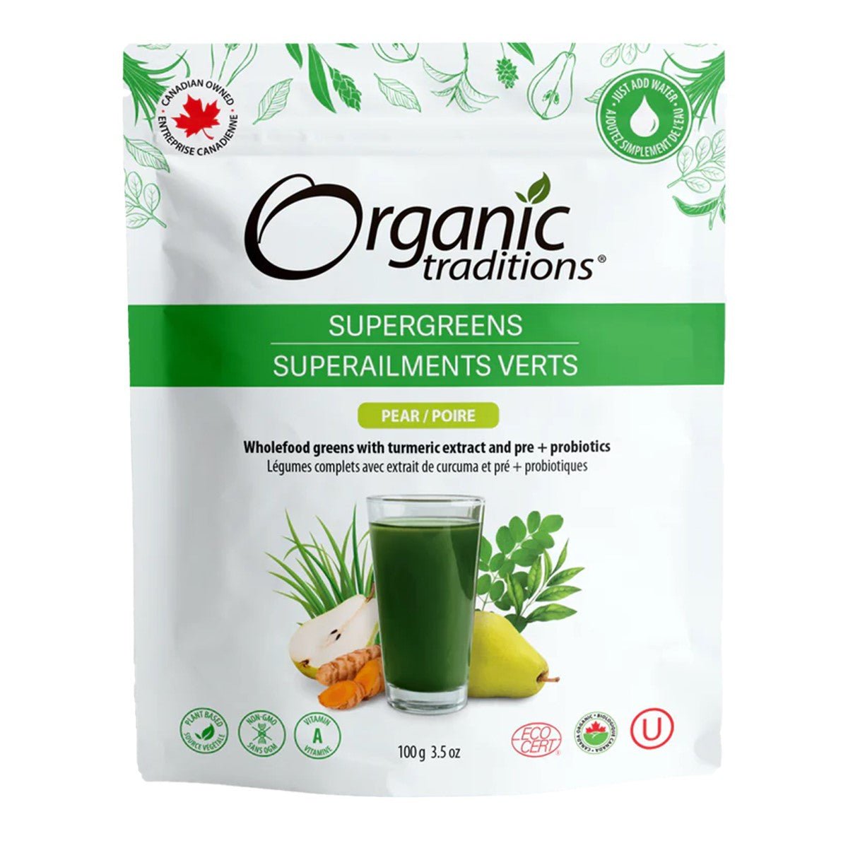 Organic Traditions Supergreens Pear 100g - Promotes Healthy Digestion and Gut Health, Rich Source of Vitamins, Rich in Antioxidants, Refreshing Green Drink