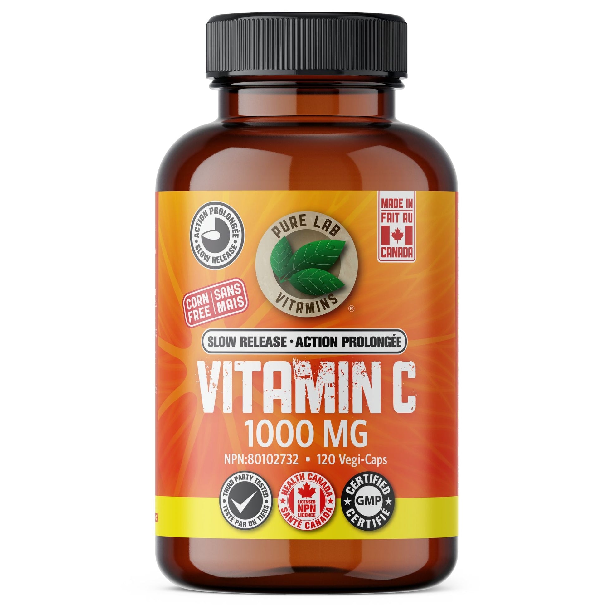 PURE LAB Vitamin C Slow Release 1000mg, 120 Vegan Caps - A Strong Antioxidant, Immune Support, Cartilage and Connective Tissue Regeneration