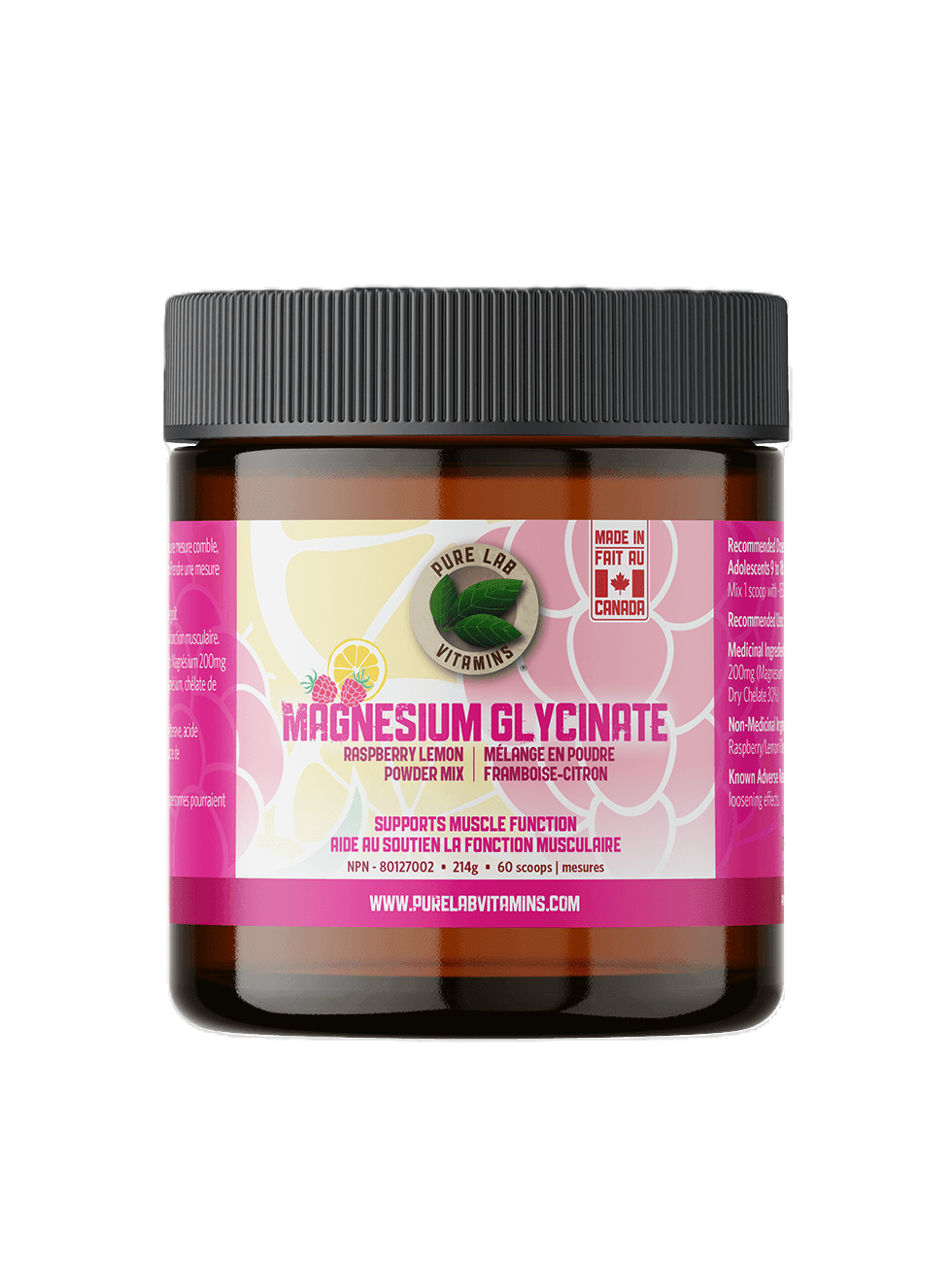 PURE LAB Magnesium Glycinate Raspberry Lemon 214g - Support Muscle Function, Enhances Absorption to Meet Diverse Dietary Needs
