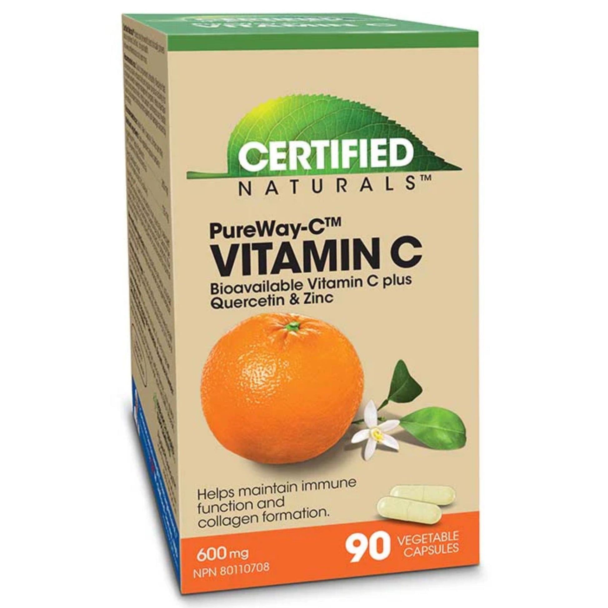 Certified Naturals PureWay-C, Bioavailable Vitamin C Plus Quercetin & Zinc 600mg 90 Vegan Capsules - Maintain Immune Function, Helps In Collagen Formation To Maintain Healthy Bones, Cartilage, Teeth & Gums, Provides Antioxidant Support