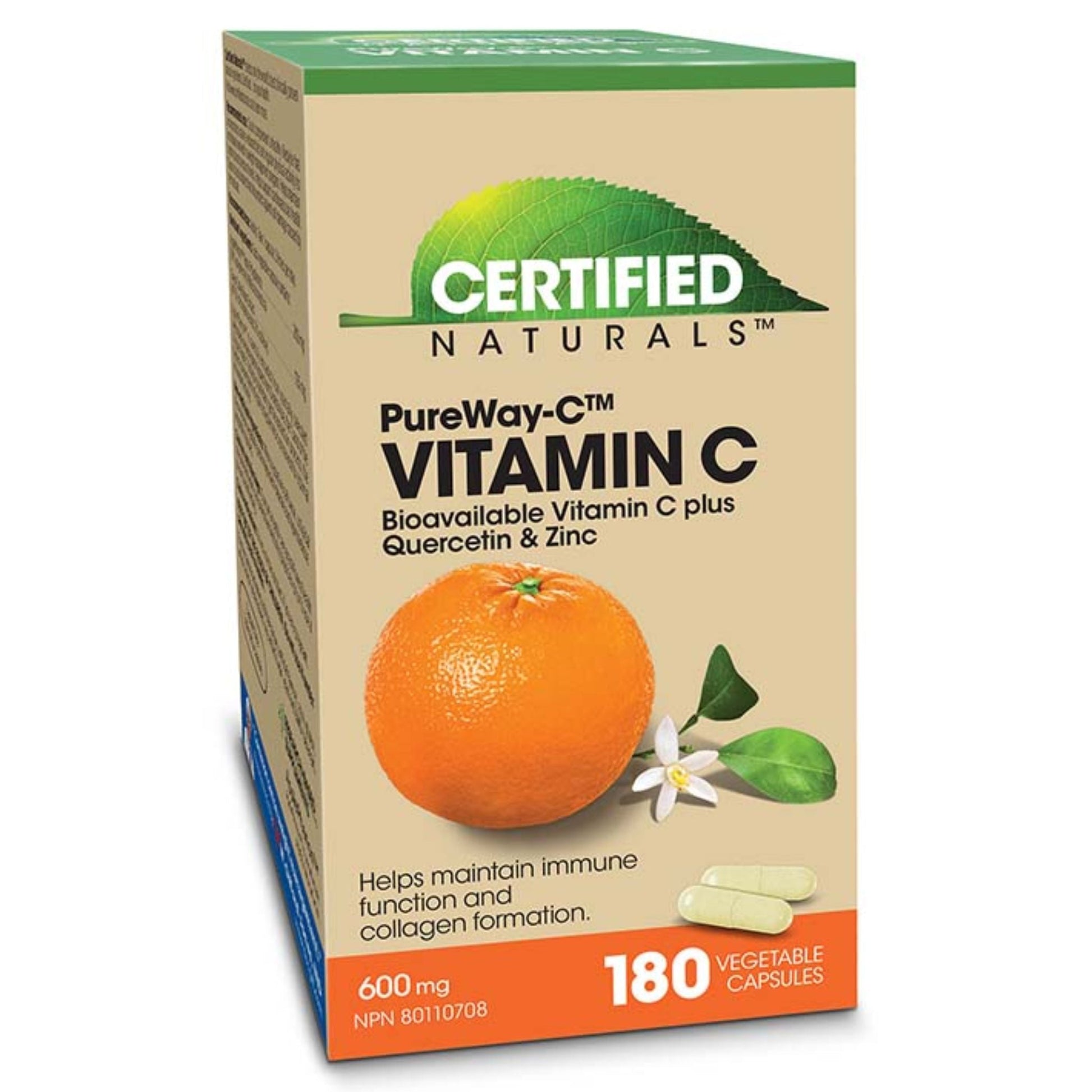 Certified Naturals PureWay-C, Bioavailable Vitamin C Plus Quercetin & Zinc 600mg 180 Vegan Capsules - A Powerful Source Of Antioxidants, Helps Maintain Immune Function, Maintain Healthy Bones, Cartilage, Teeth & Gums