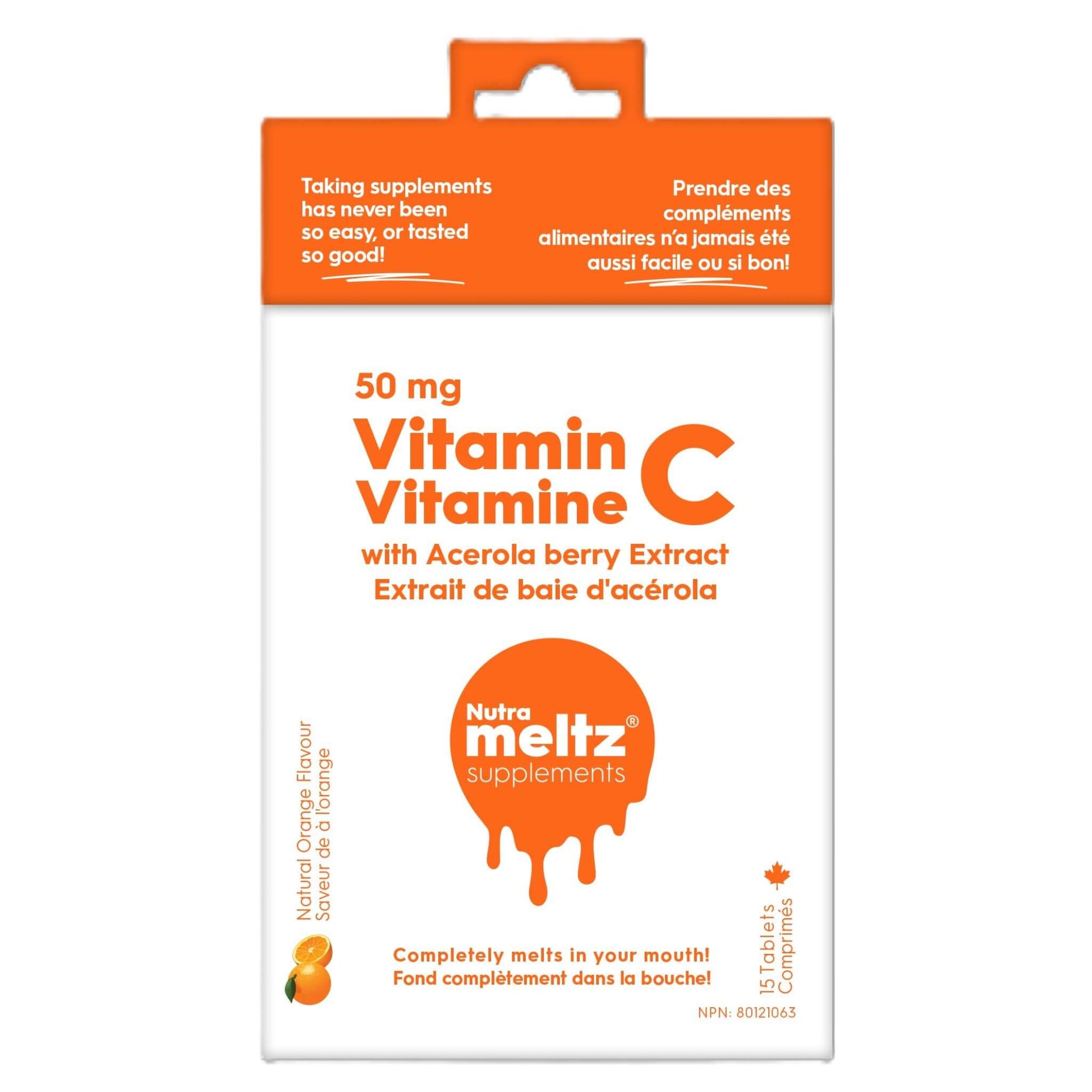 Nutrameltz Vitamin C 50mg Organic Acerola 15 Tablets - Helps Meet Required Levels Of Nutrition And Prevent Any Deficiency, Comes In Sweet And Sour Taste Of Orange, Each Tablet Delivers 50mg Of Vitamin C