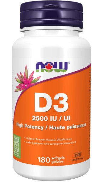 Now D-3, 2500IU 180 Softgels - Supports Bone Health, Promote Potency, Prevents Vitamin D Deficiency