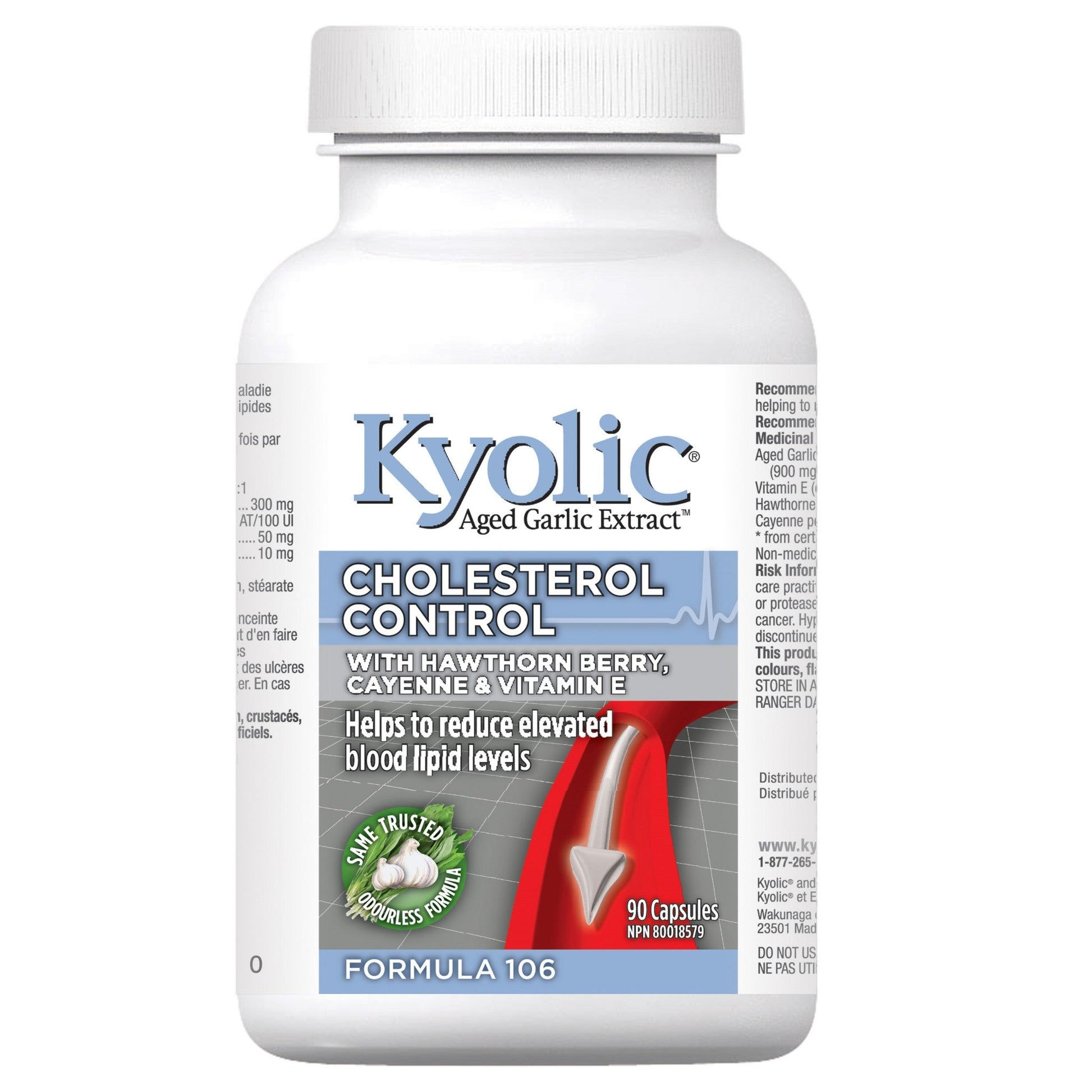 Kyolic Formula 106 Cholesterol Control 90 Capsules - Helps To Reduce Elevated Blood Lipid Levels, Supports Overall Cardiovascular Function, Formulated With Cayenne To Help Improve Circulation