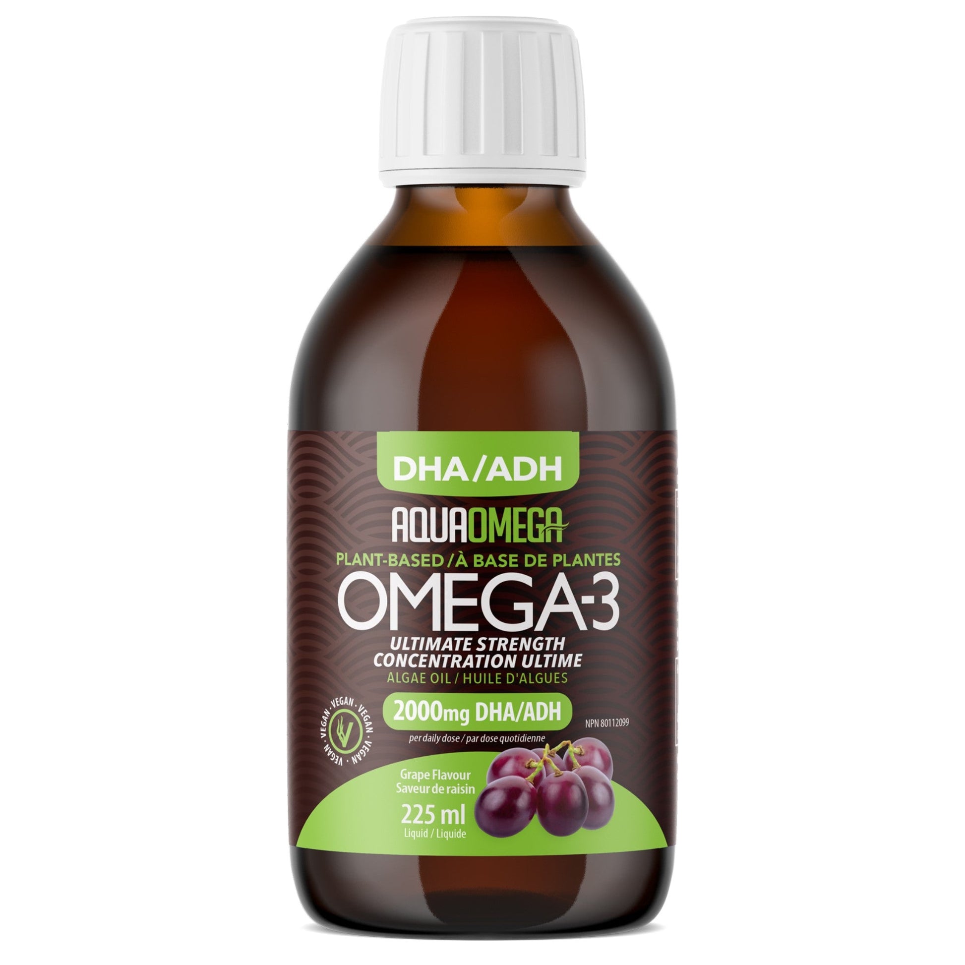 AquaOmega Omega-3 DHA Algae Oil 2000mg Grape 225ml - Reduces Joint Pain And Stiffness Caused By Chronic Inflammation, Improves Brain Health, Plant-Based Omega-3 Delicious Grape Flavour Ideal For Vegans
