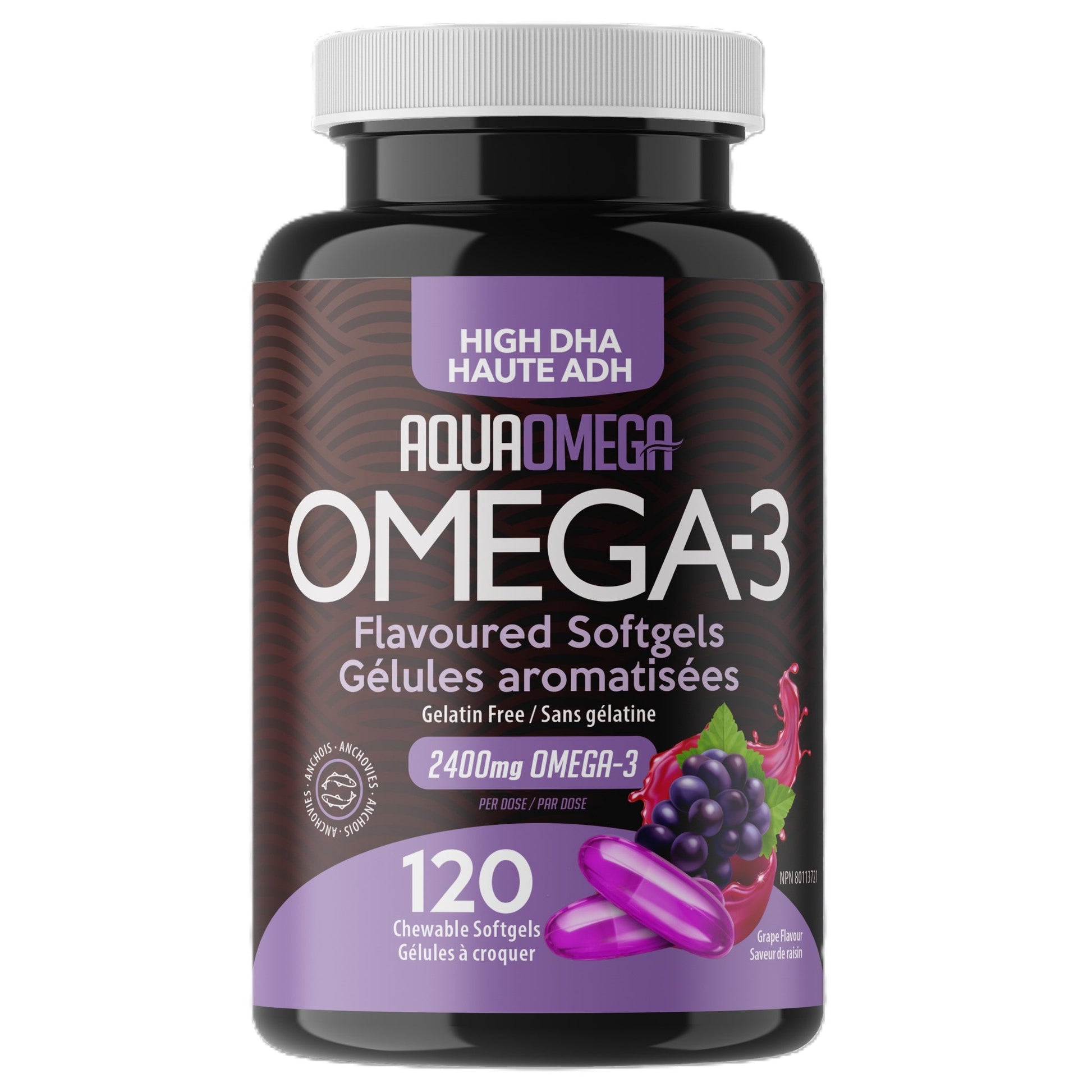 AquaOmega Omega-3 High DHA 2400mg Grape 120 Chewable Softgels - Support Immune System, Good For Memory, Sleep, And Gut Health, Promote Bones And Joints Health