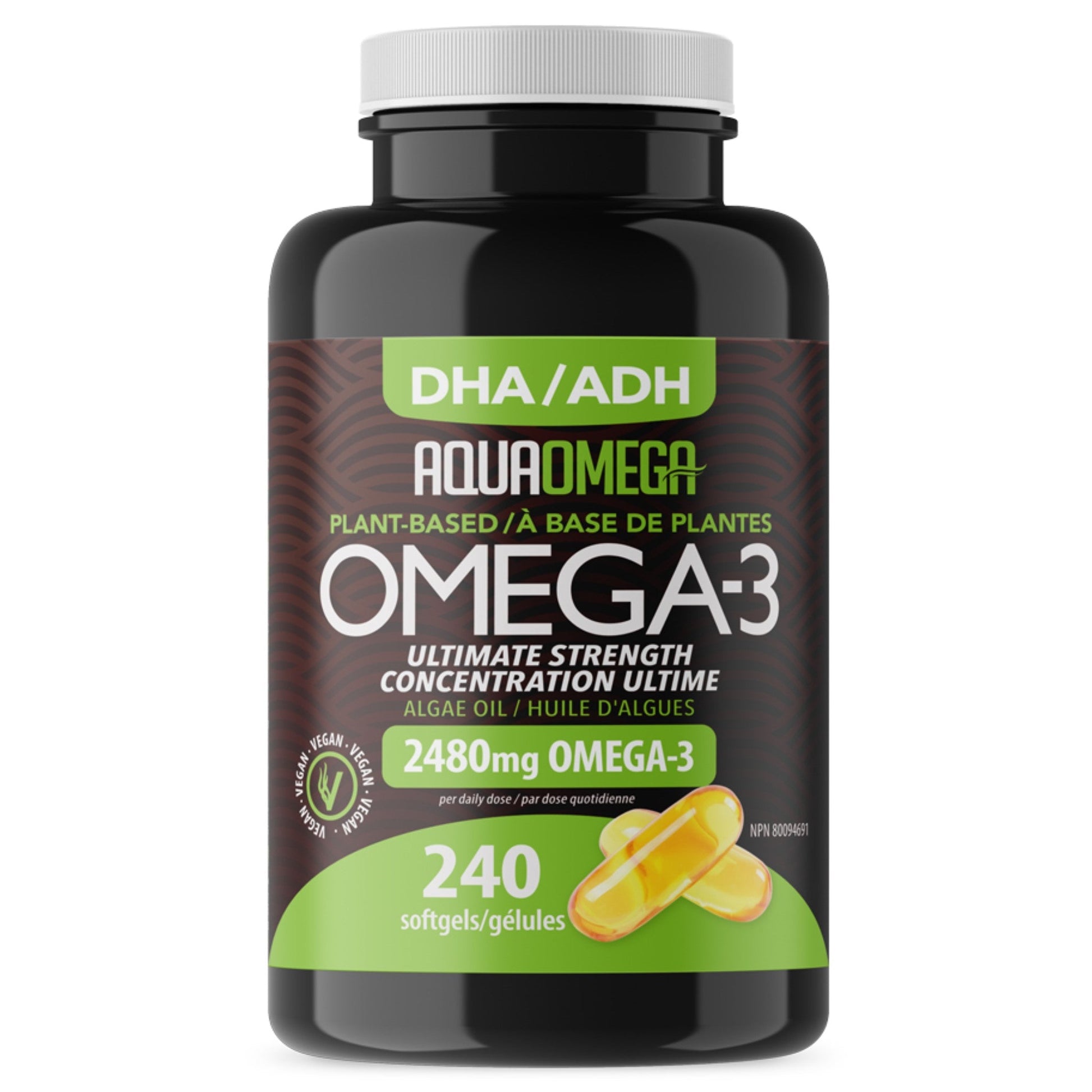 AquaOmega Omega-3 DHA Algae Oil 2480mg 240 Softgels - Omega-3 Fatty Acid DHA Helps Support Overall Health For Optimal Functioning, Helps Meet Omega-3 DHA Requirement, Contains Natural Ingredients