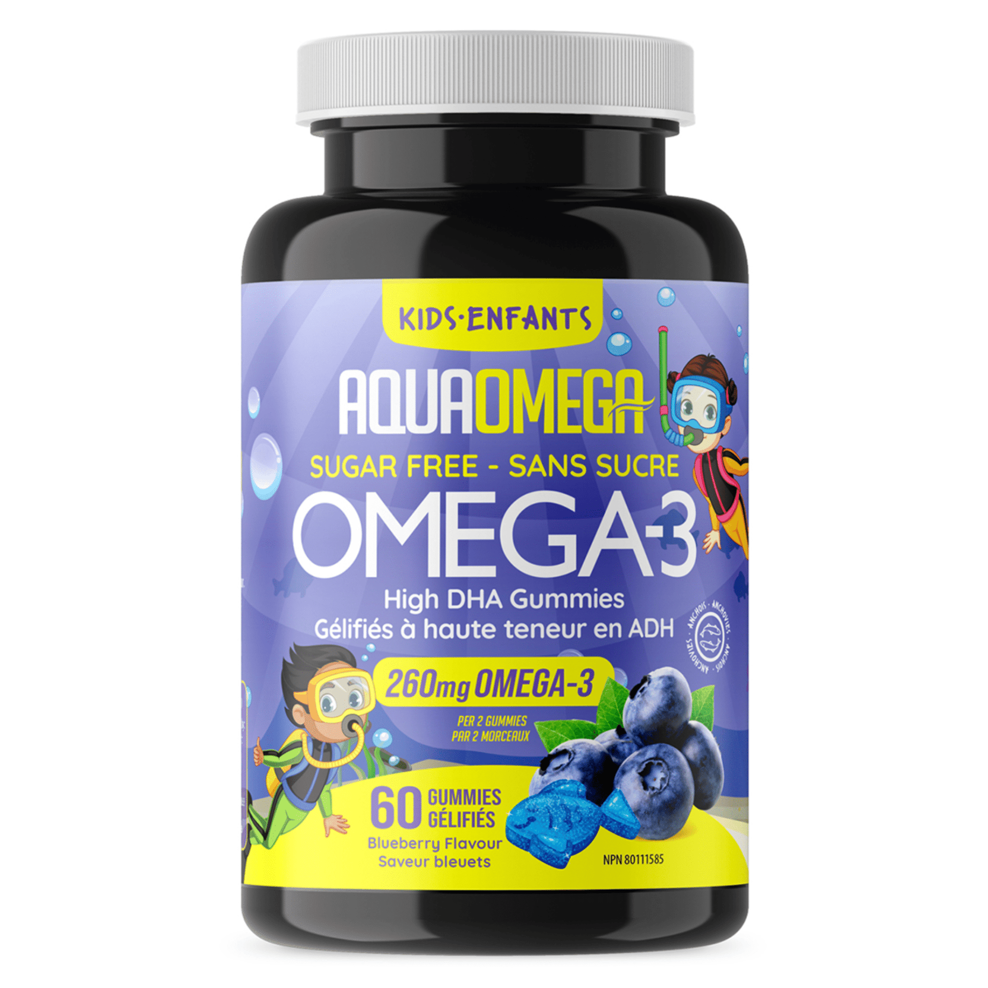Aquaomega Omega-3 High DHA Kids Blueberry 60 Gummies - Provide Fatty Acids, Support Growth and Development in Children, Promotes Brain Health and Well-Being, Rich in Essential Nutrients