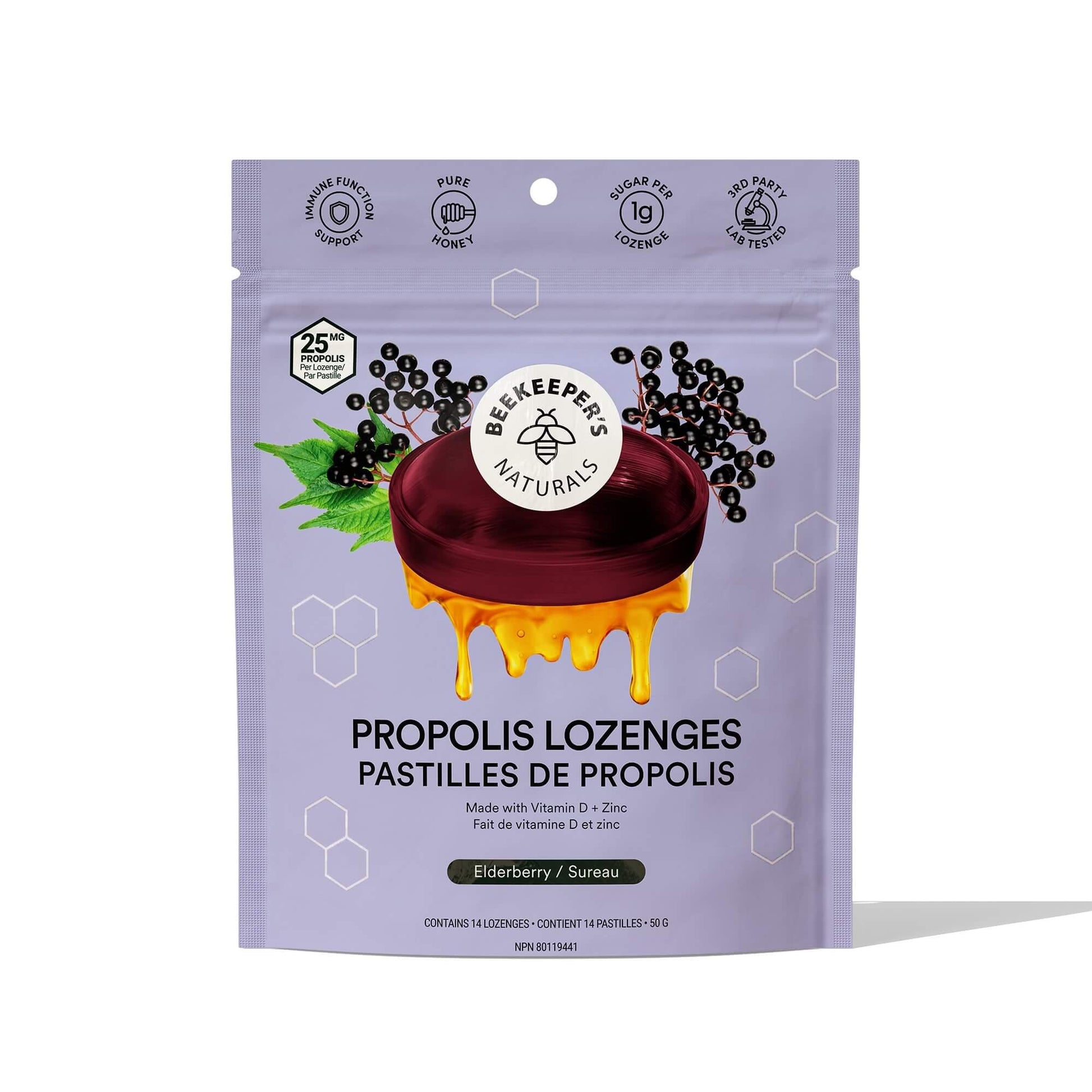 Beekeeper's Propolis Soothing Lozenges Elderberry 50g - Natural Cough Drops Promotes Immune Support with Vitamin D, Zinc