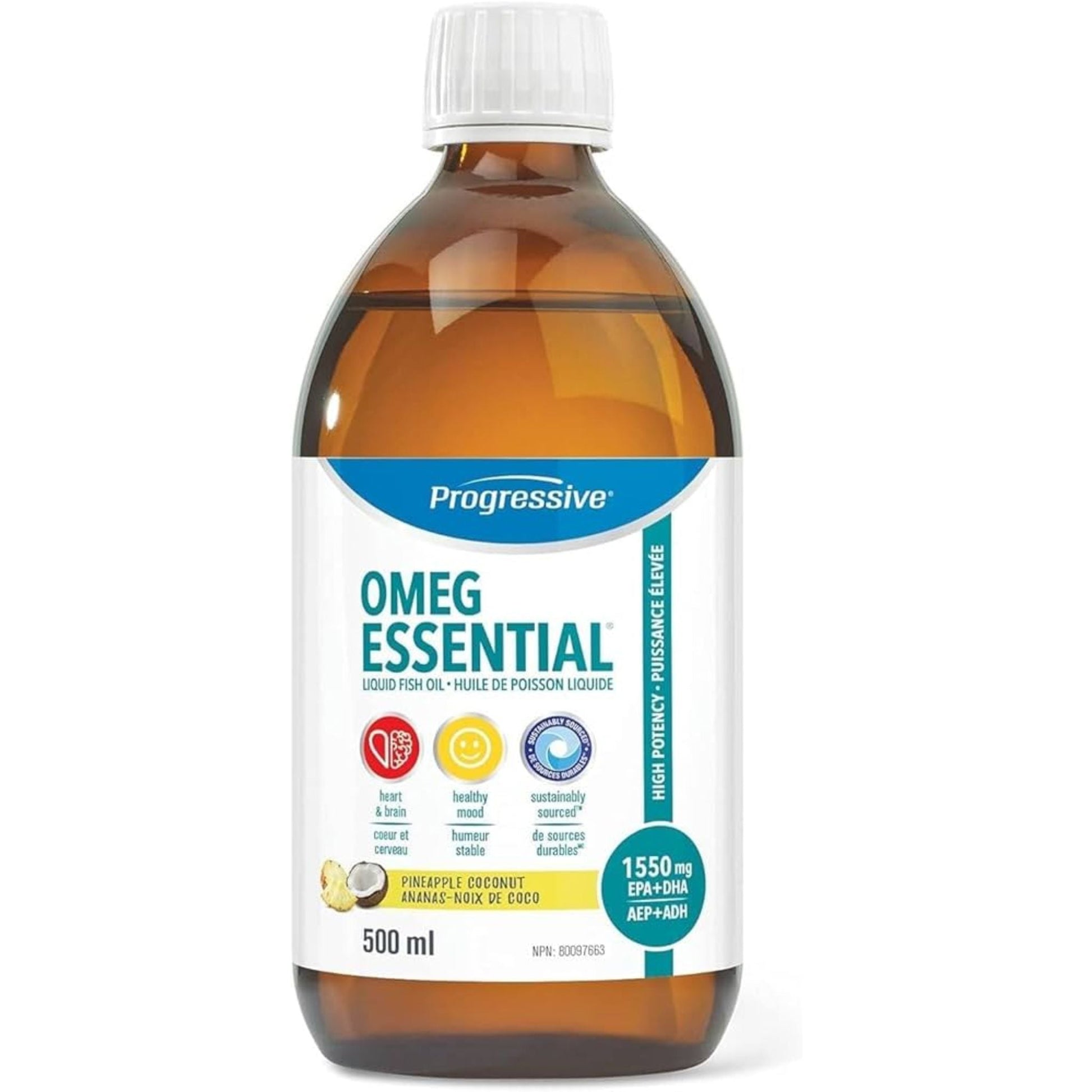 Progressive Omeg Essential Liquid Pineapple Coconut 500ml - Aid for Cognitive, Cardiovascular, and Overall Health, Maintain Good Health and Assist Stop Inflammation, Remove Unwanted Toxins or Contaminants