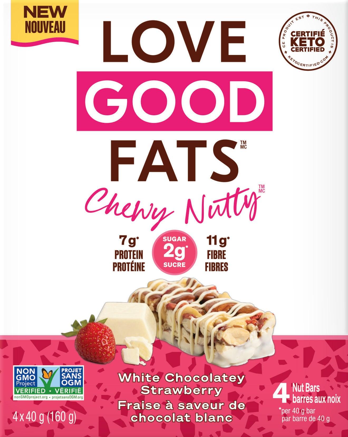 Love Good Fats Chewy Nutty White Chocolate Strawberry 4 Keto Bars - Delicious Low Carb Protein Snacks Filled With Crunchy Almonds, Cashews, and Sweet Strawberries