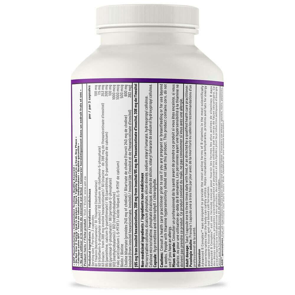 AOR Advanced B Complex, 602mg, 180 Vegan Capsules - Full - Spectrum B Complex Vitamin Supplement for Mood Support, Heart Health and Brain Health Supplement for Adults - Nature's Source Inc