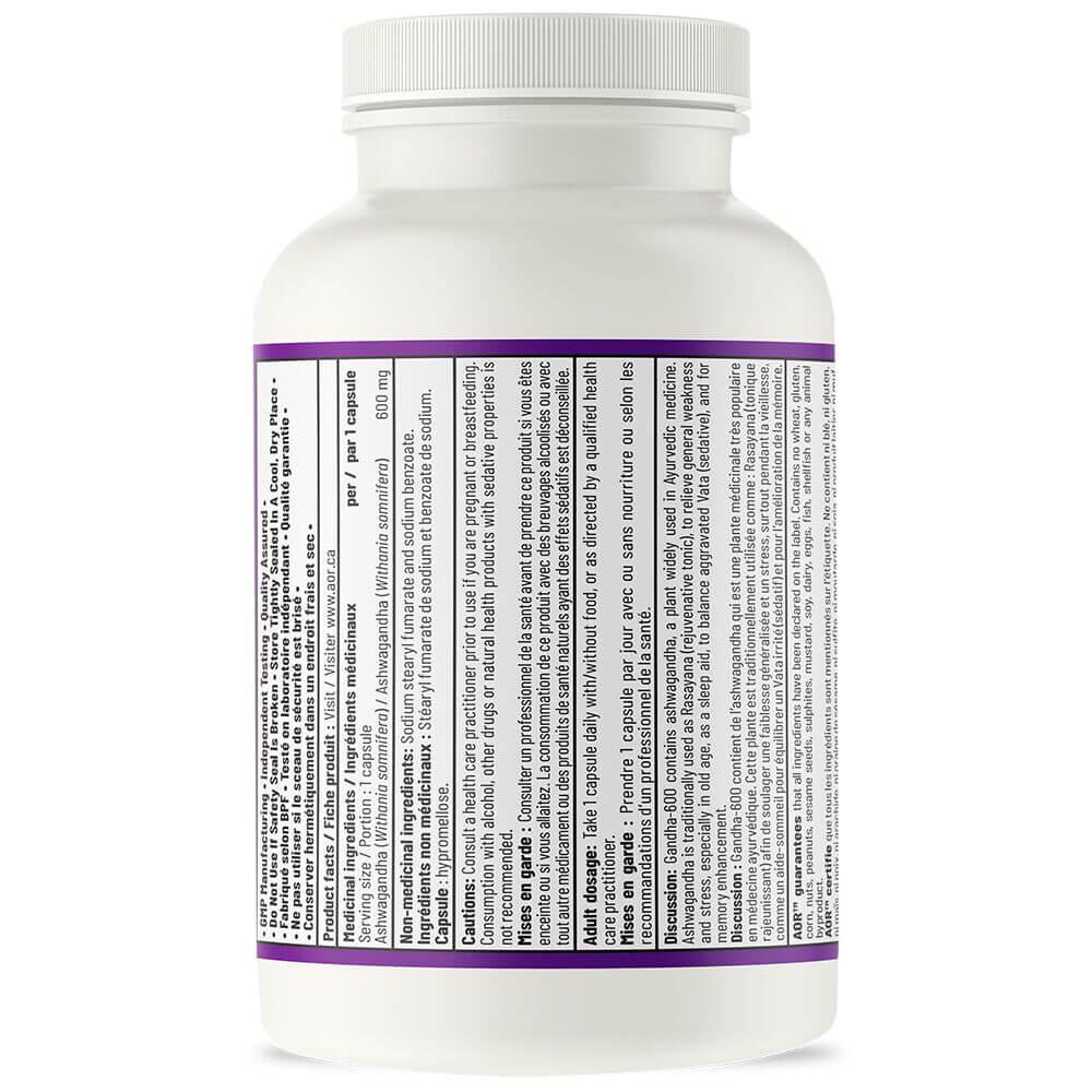 AOR Gandha - 600, 120 Capsules - Ashwagandha Extract for Stress Relief, Support immune system, Energy and Vitality, Enhances Physical Endurance for Men and Women - Nature's Source Inc