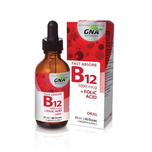 GNA Naturals Fast Absorb Vitamin B12 + Folate Drops 60ml - Ensure Max Absorption of Essential Nutrients, Support Healthy Immune System - Nature's Source Inc