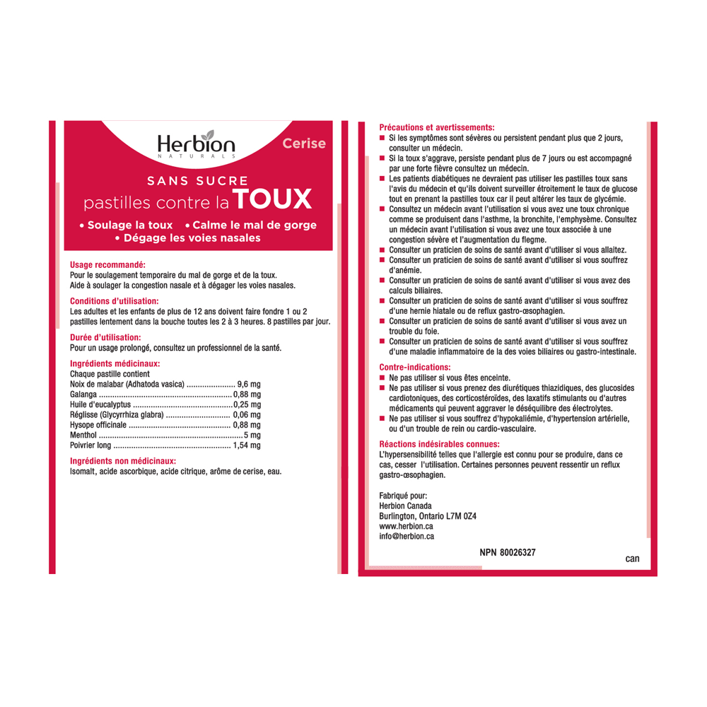 Herbion Sugar Free Cherry Cough 18 loz - Nature's Source Inc