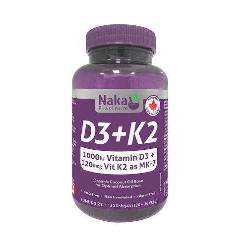 Naka Platinum D3+K2, 150 Softgels - Organic Coconut Oil Base for Optimal Absorption of Calcium & Phosphorus, Maintains Immune Function, Bones and Teeth - Nature's Source Inc