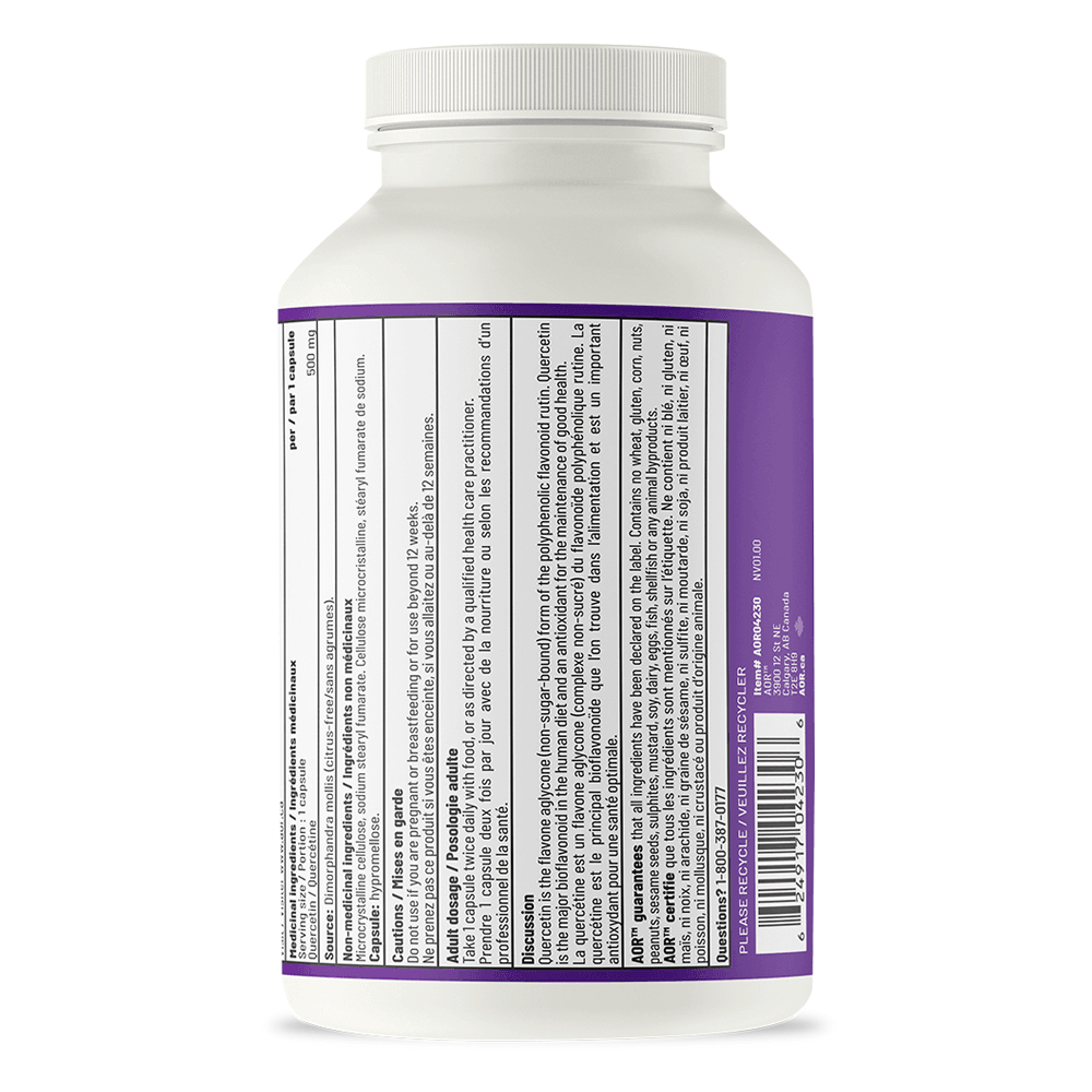 AOR Quercetin 500mg, 200 Capsules - Antioxidant and Bioflavonoid Supplement, Histamine Intolerance, Cardiovascular Health and , Enhanced Blood Circulation - Nature's Source Inc