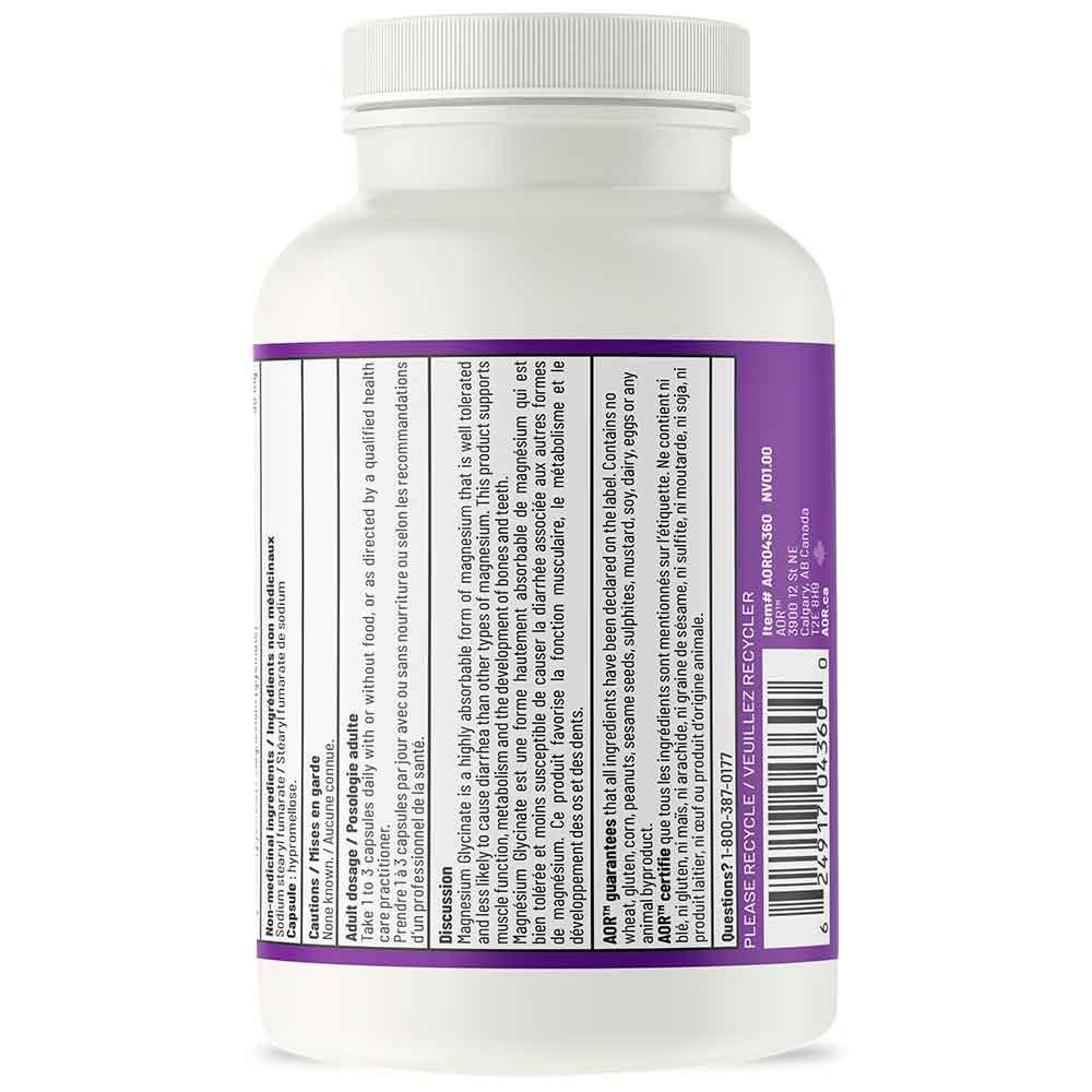 AOR Magnesium Glycinate 180 Vegan Capsules - Supports Muscle Function & Metabolism, Key Role in Producing Energy and Maintaining Muscle, Heart and Nerve Function - Nature's Source Inc