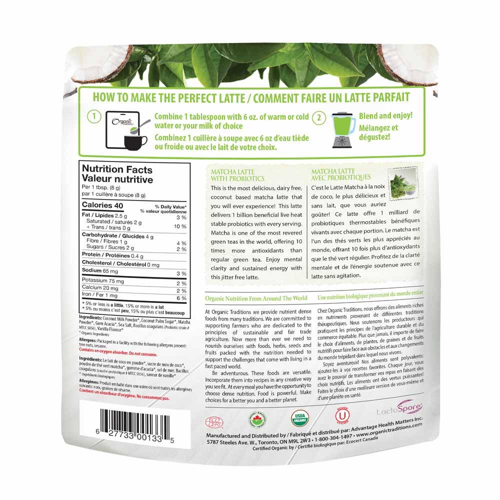 Organic Traditions Matcha Latte with Probiotics - 150g - Nature's Source Inc