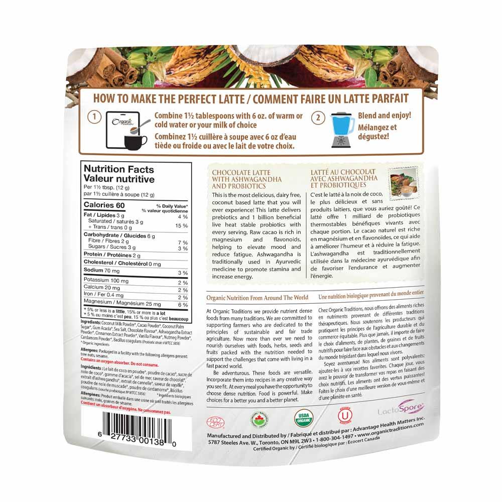 Organic Traditions Chocolate Latte with Ashwagandha and Probiotics - 150g - Nature's Source Inc