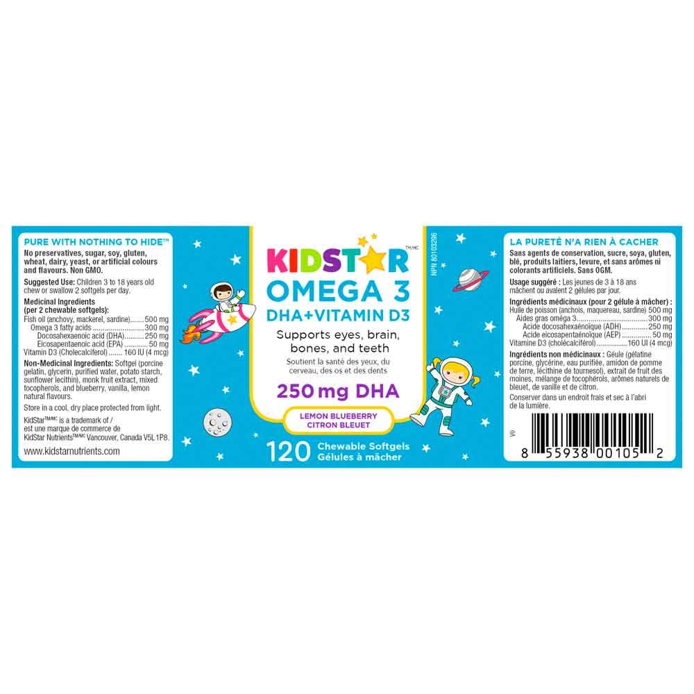 KidStar Omega 3 DHA + D3 Lemon Blueberry 120 Chewable Softgels - Nature's Source Inc