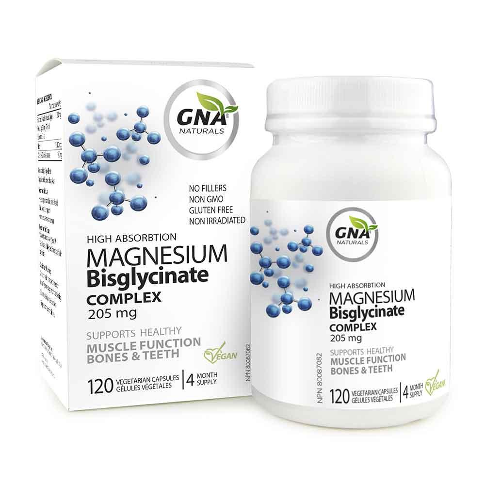 GNA Naturals Magnesium Bisglycinate Complex 205mg, 120 Vegan Caps - Supports Healthy Muscle Function of Bones & Teeth - Nature's Source Inc