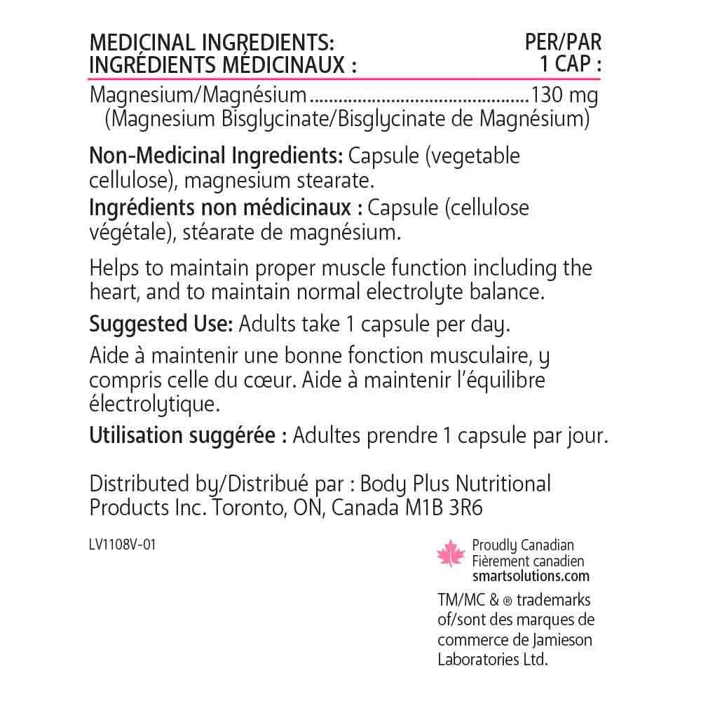 Smart Solutions Magnesium Bisglycinate 130mg, 90 Vegan Capsules - Support Muscle Function, Helps in Formation of Tissues, Healthy Bones and Teeth - Nature's Source Inc