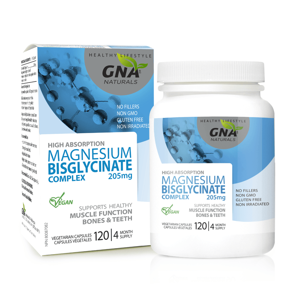 GNA Naturals Magnesium Bisglycinate Complex 205mg, 120 Vegan Caps - Supports Healthy Muscle Function of Bones & Teeth - Nature's Source Inc