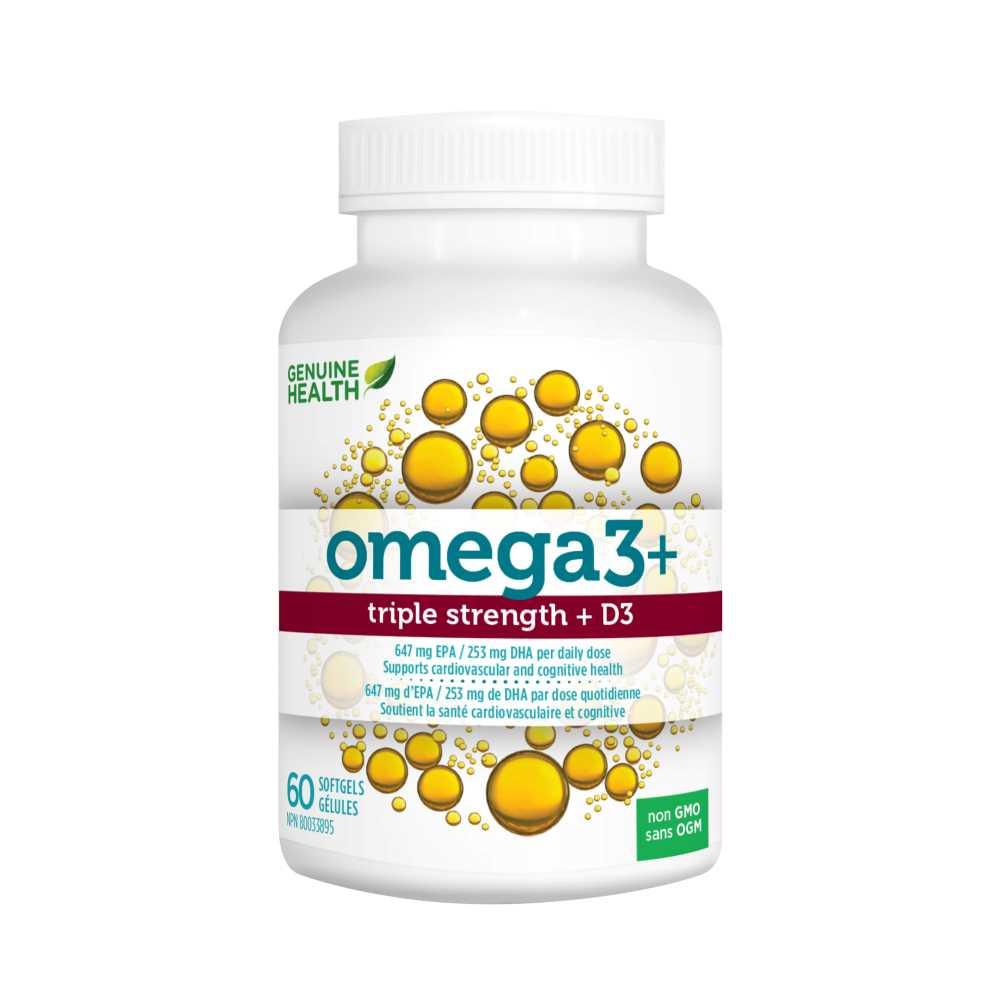 Genuine Health Omega3+ Triple Strength + D3, 60 Softgels - Support Cardiovascular and Cognitive Health, Wild Omega3 Fish Oil - Nature's Source Inc